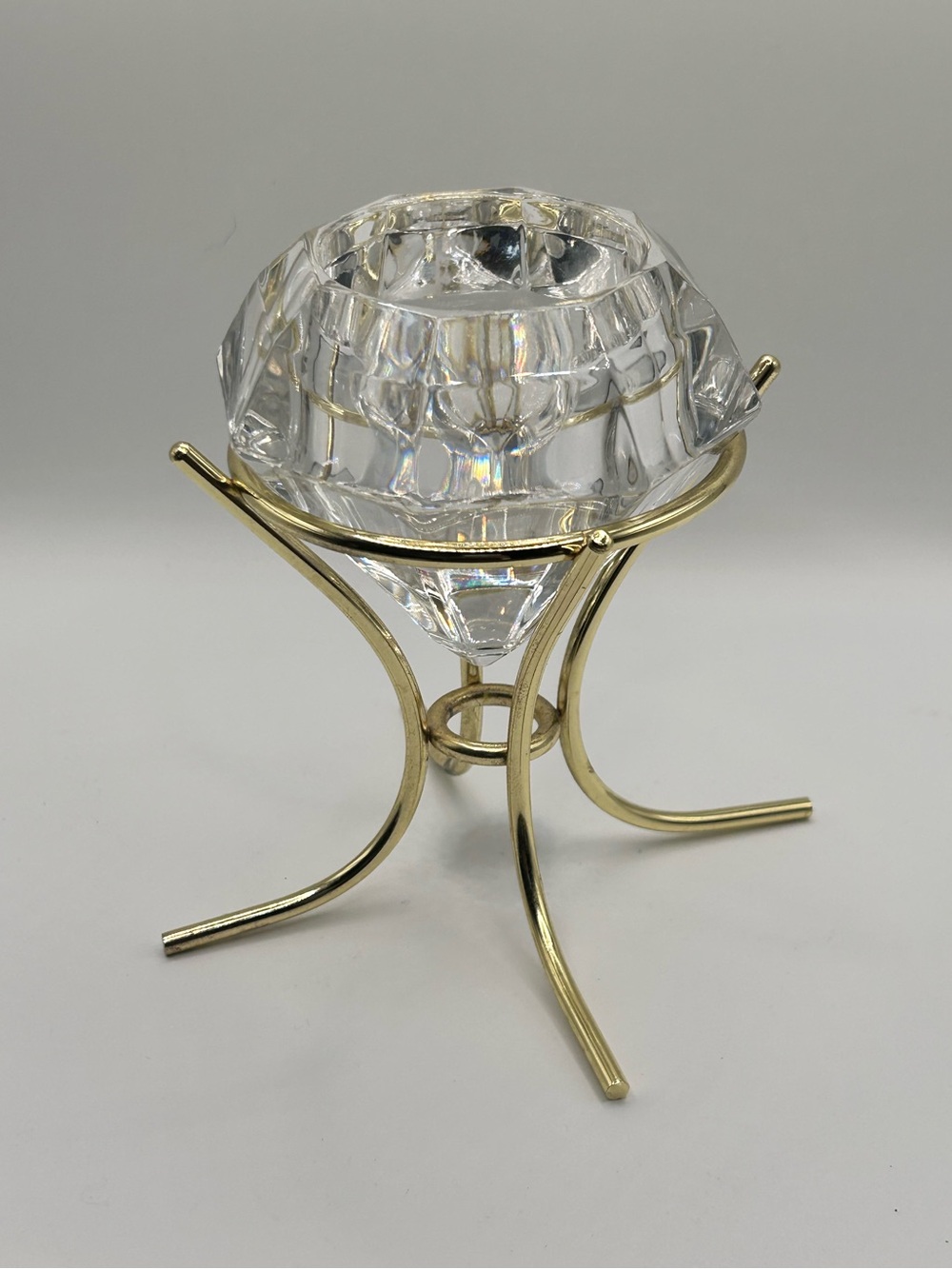 Vintage PartyLite Solitaire Crystal Candle Holder Gold Tone Diamond Votive